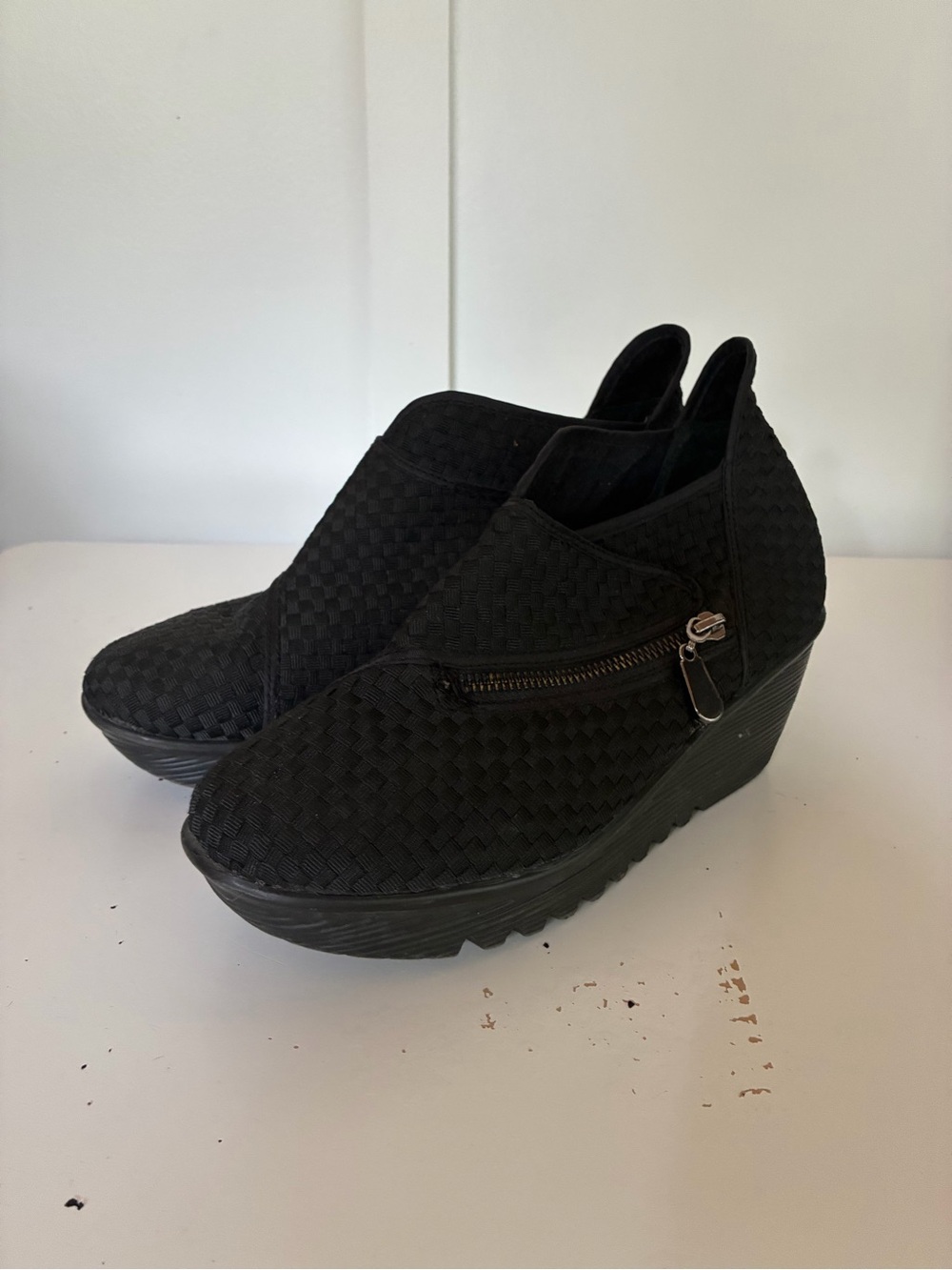 bernie mev. Black Woven Wedge Booties with Side Zipper